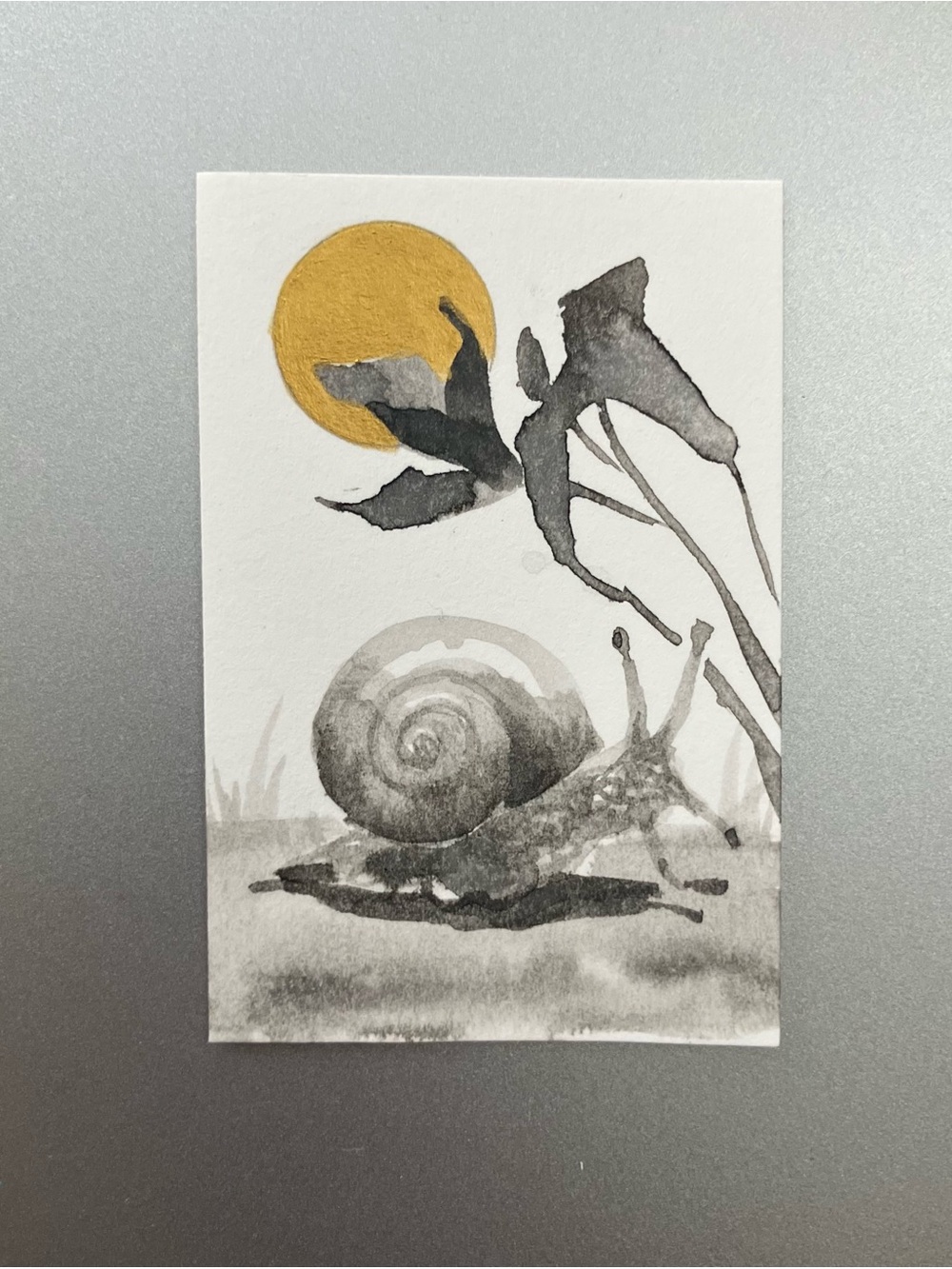 Original snail painting miniature realism art sumi-e style ink gift artwork USA
